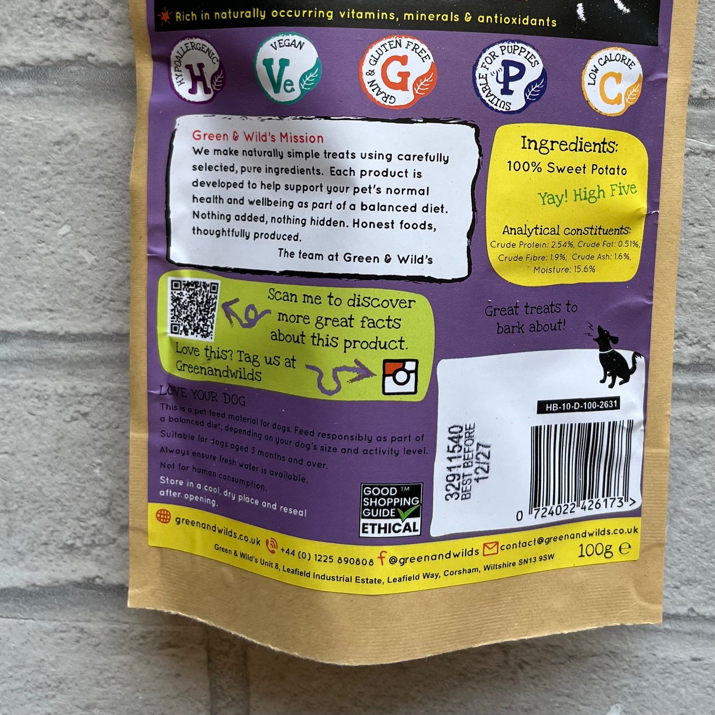 Purple Sweet Potato Dog Treats 100g - Green and Wilds
